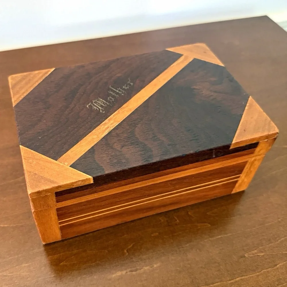 Vintage Wooden Inlay Hinged Keepsake Jewelry Box Velvet Lined Geometric Mother